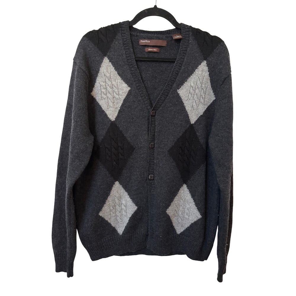 Perry Ellis Mens Charcoal Grey 100% Merino Wool Argyle Cardigan Sweater Large